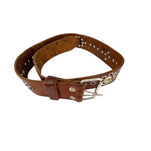 Vintage Brown Leather 1970s Grommet Belt 31” Punk Western Style Double Prong - Picture 5 of 6